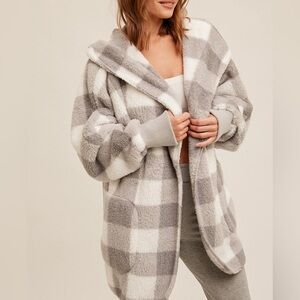 Hem & Thread Check Print Sherpa Hooded Cardigan One Size